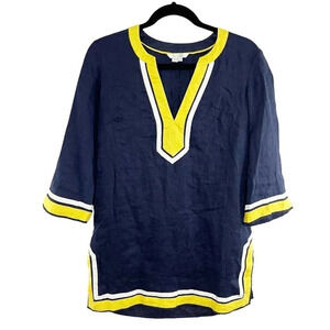Boden Navy Blue Yellow & White 100% Linen Tunic Top Women's US Size 4 Regular